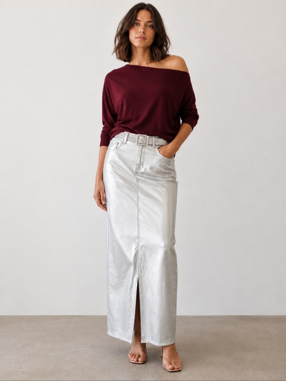 WAYF Metallic Silver Faux Leather Maxi Pencil Skirt